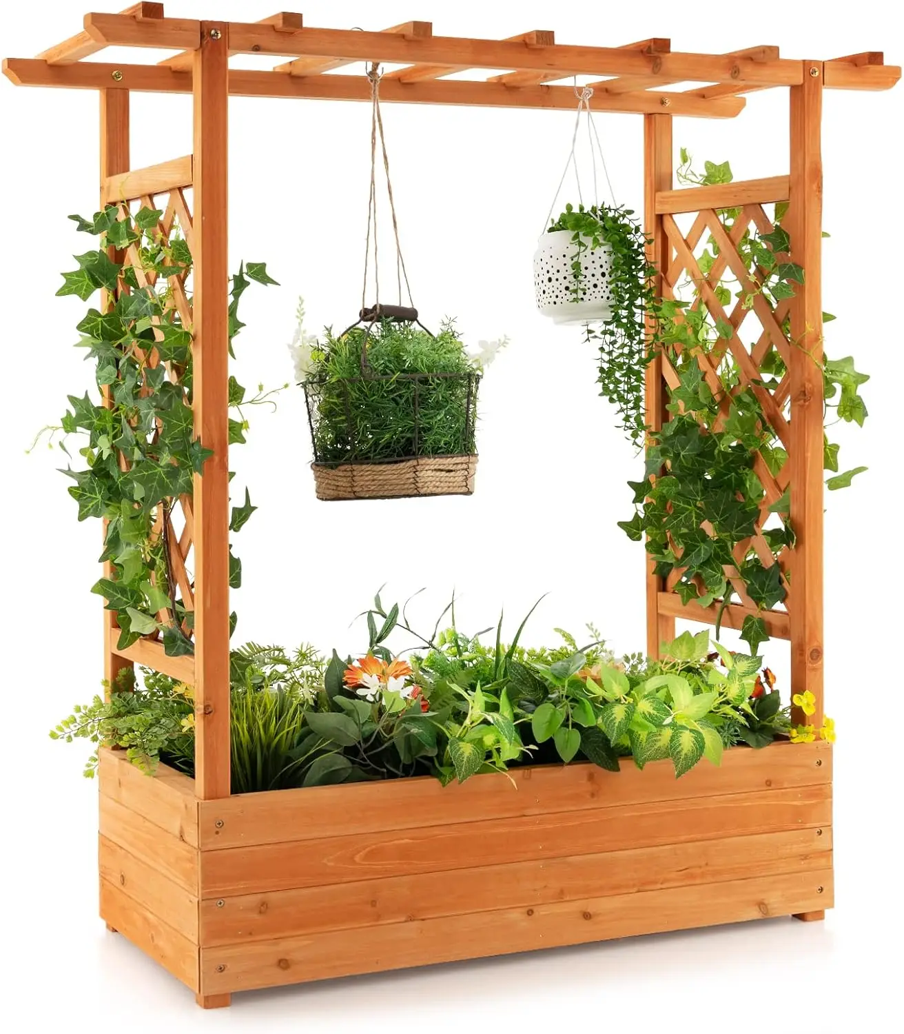 Wood Raised Garden Bed with Arch Trellis and Hanging Roof for Outdoor Patio, 4 Drainage Holes for Climbing Plants