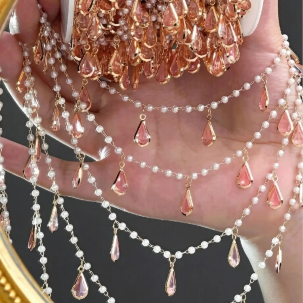 0.5/1/2meter Crystal Teardrop Charms Tassel Pearl Bead Chain DIY Necklace Bracelet Jewelry Clothing Accessories Crafts Findings