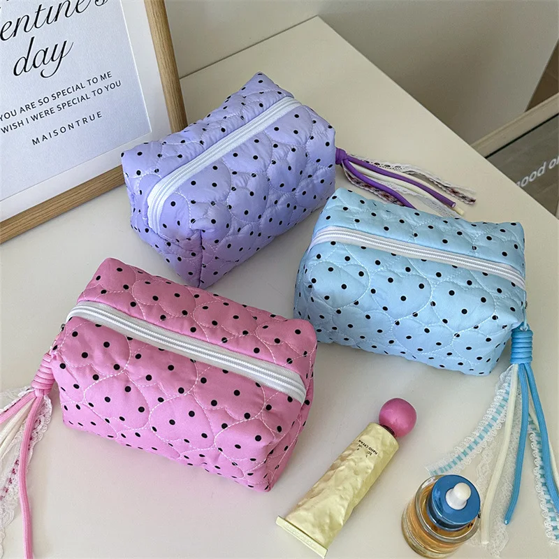 INS Polka Dot Heart Quilted Makeup Bag for Women Large Capacity Travel Toiletry Organizer Thick Padded Zipper Storage Pouch