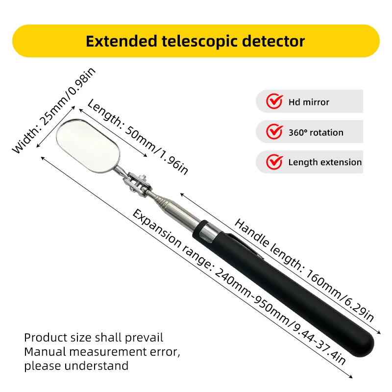 Elliptical 2.5x5cm retractable detection mirror, maintenance reflector, length 95cm