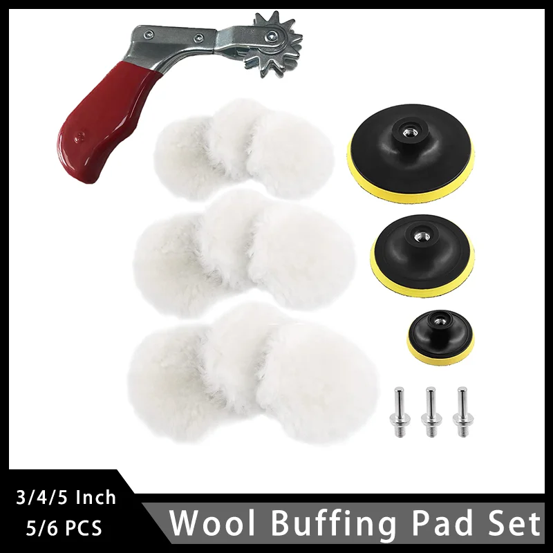 3/4/5 Inch Wool Buffing Pad 5/6 Pcs Hook and Loop Design with M10 Drill Adapter Pad Clean Tool for Car Body Repair Polishing