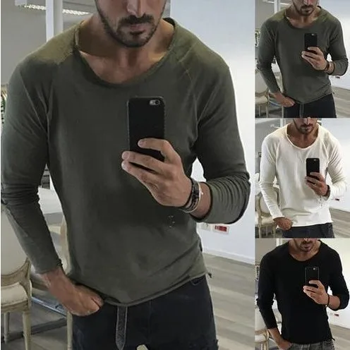 Men's Slim Fit Long Sleeve T-Shirt Spring Autumn Pure Color Distressed Hem Standard Version Bright Thread Velvet Process PU L...