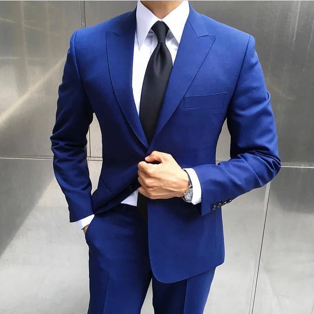 Men\'s Suits Groom Royal Blue Costume Blazer Single Breasted Peaked Lapel Two Piece Elegant Regular Prom Jacket Pants Slim Fit