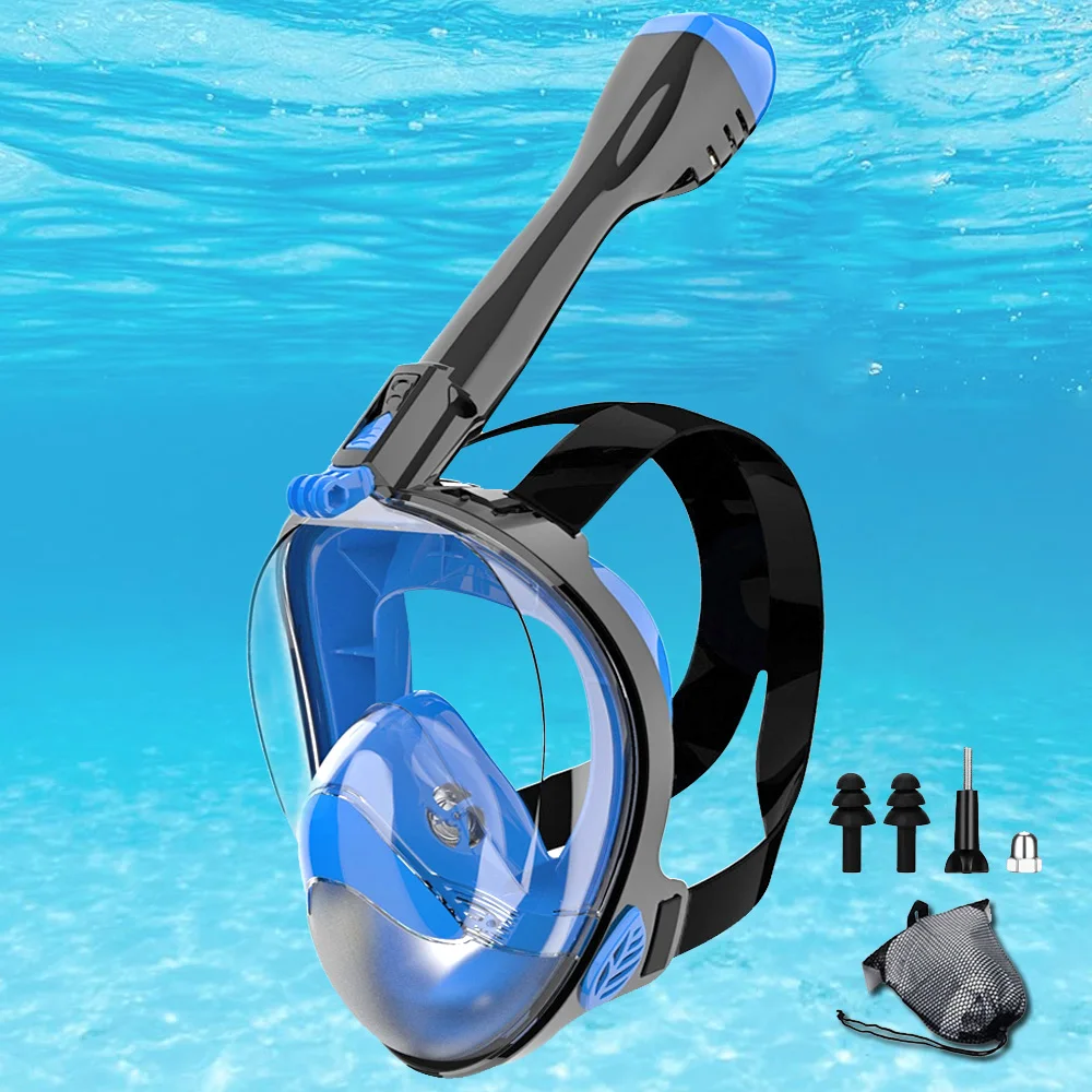 Full Face Snorkel Mask Anti-Leak Anti-Fog 180° Panoramic View with Camera Mount Safe Breathing Diving Mask for Adults and Youths