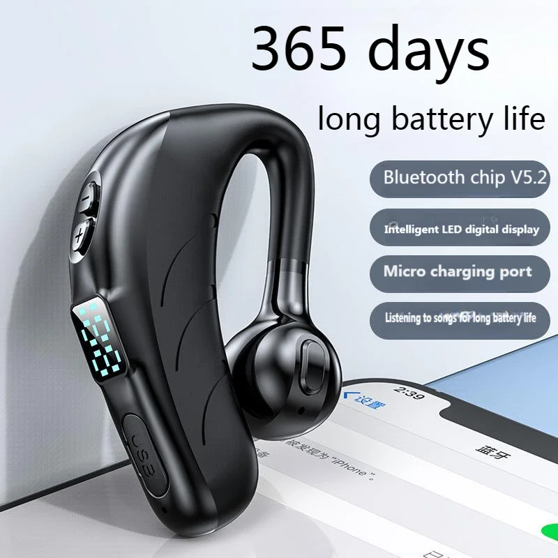 

Single Ear Business Bluetooth Earphones Power Display With Mic Call Noise Reduction Earbuds Button Operation Wireless Headphones