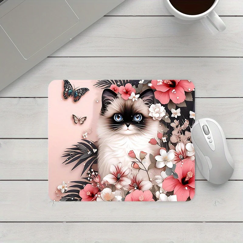 

White Cat Flower Art Design mouse pad, rubber anti-slip, durable, washable, high-definition printing, PC mechanical keyboard pad