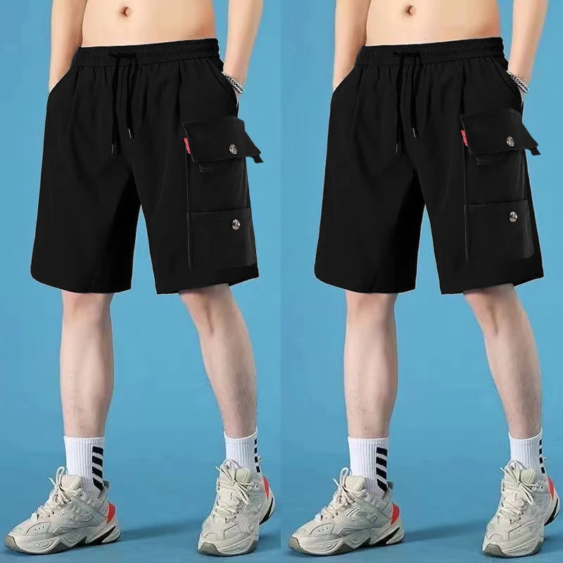 Black cargo shorts men's summer thin style high street brand loose large size pants