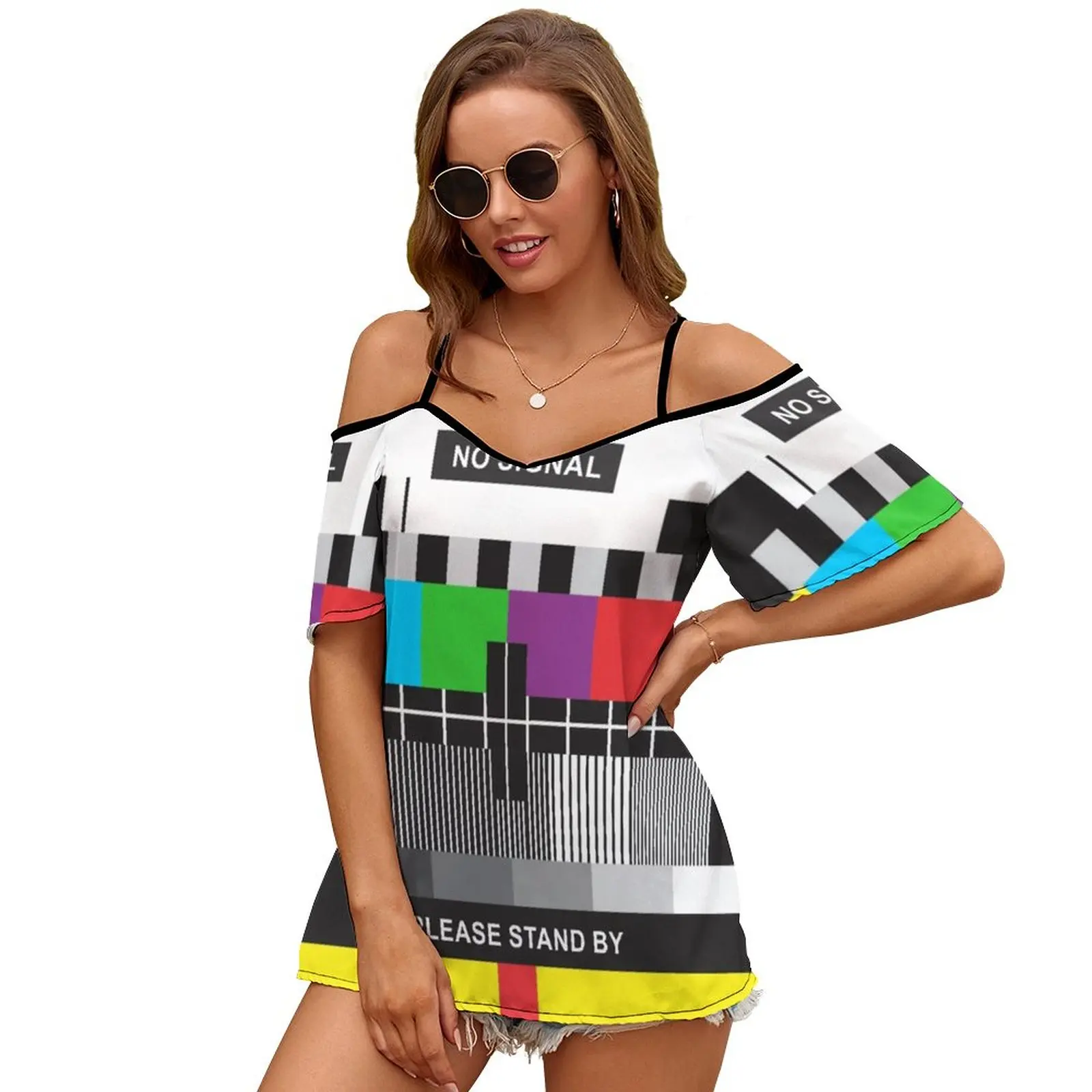 Tv No Signal 2086 Women Print T Shirt Casual Off Shoulder Loose Pullover Tops Fashion Clothes Tv Geek No Signal 80S Eighties