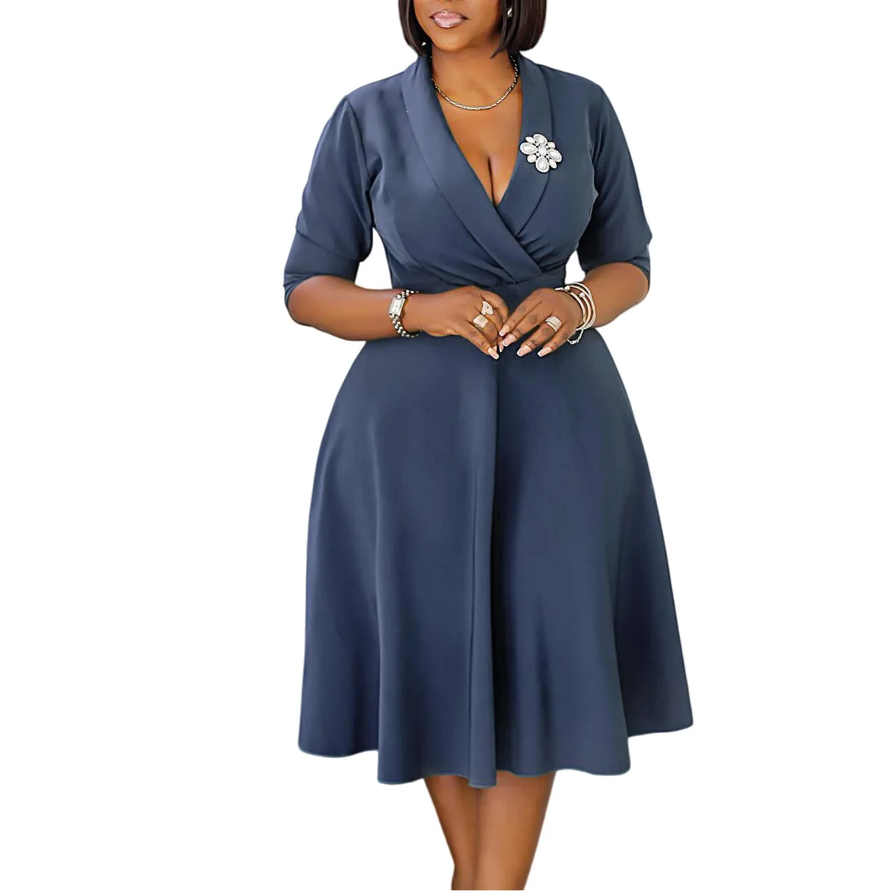 

S-3XL 2026 Dashiki African Dresses for Women Elegant Spring Summer African 3/4 Sleeve V-neck Polyester Midi Dresses Outfits