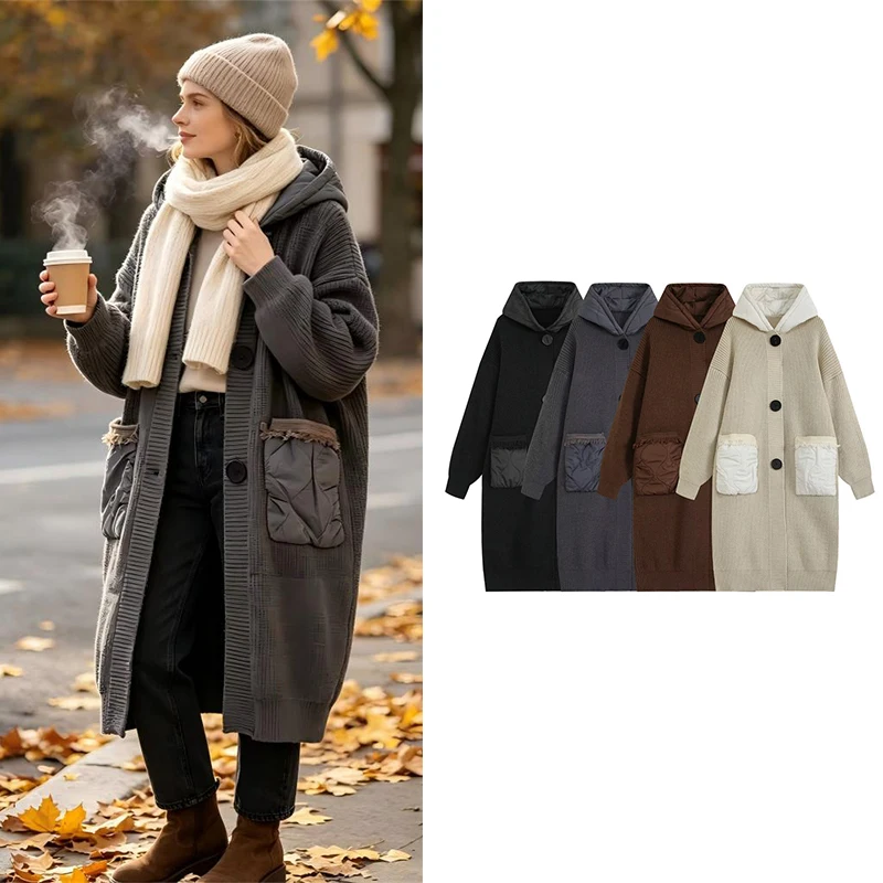 Guobioziy Women's Top 2026 New Style Hooded Patchwork Quilted Long Knit Cardigan Coat Lazy Fit Versatile and Practical