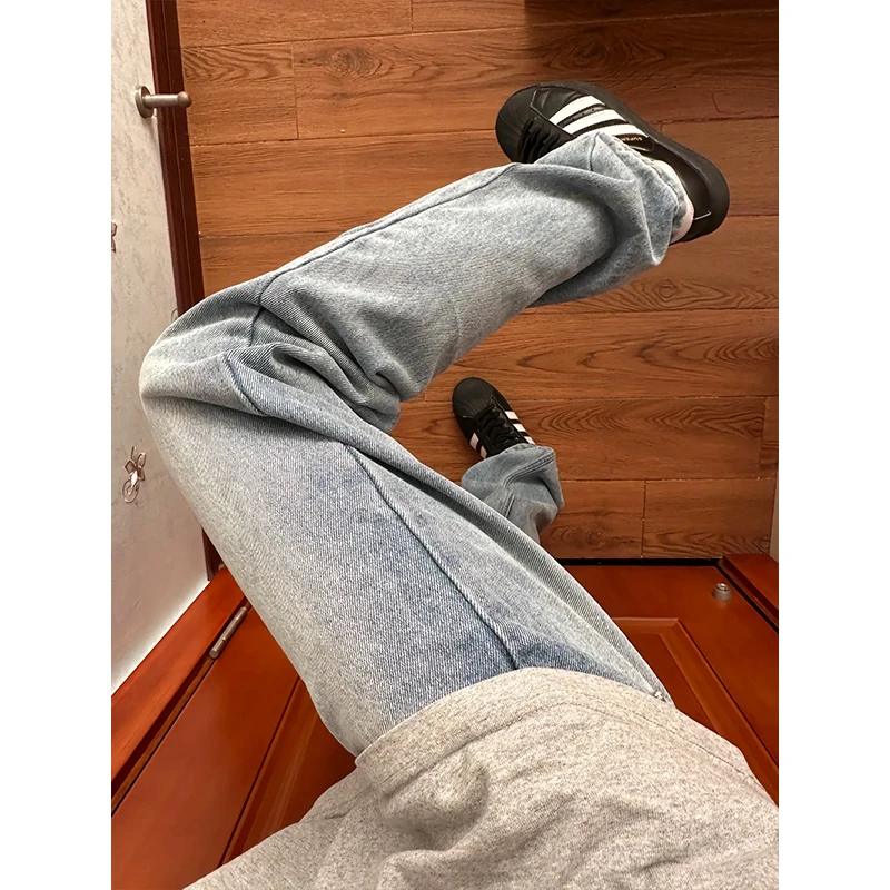

Cleanfit Ice Blue Micro Flare Straight Leg Jeans Slim Fit High Waist Casual Jeans for Men Summer Commute School Wear