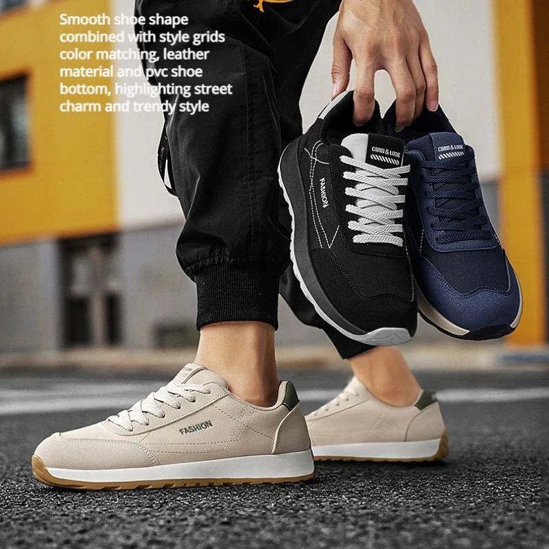 

Men's Casual Sports Shoes Leather Flat Heel Low-top Round Toe Lace-up Soft Sole Large Size Outdoor Lightweight Running Shoes
