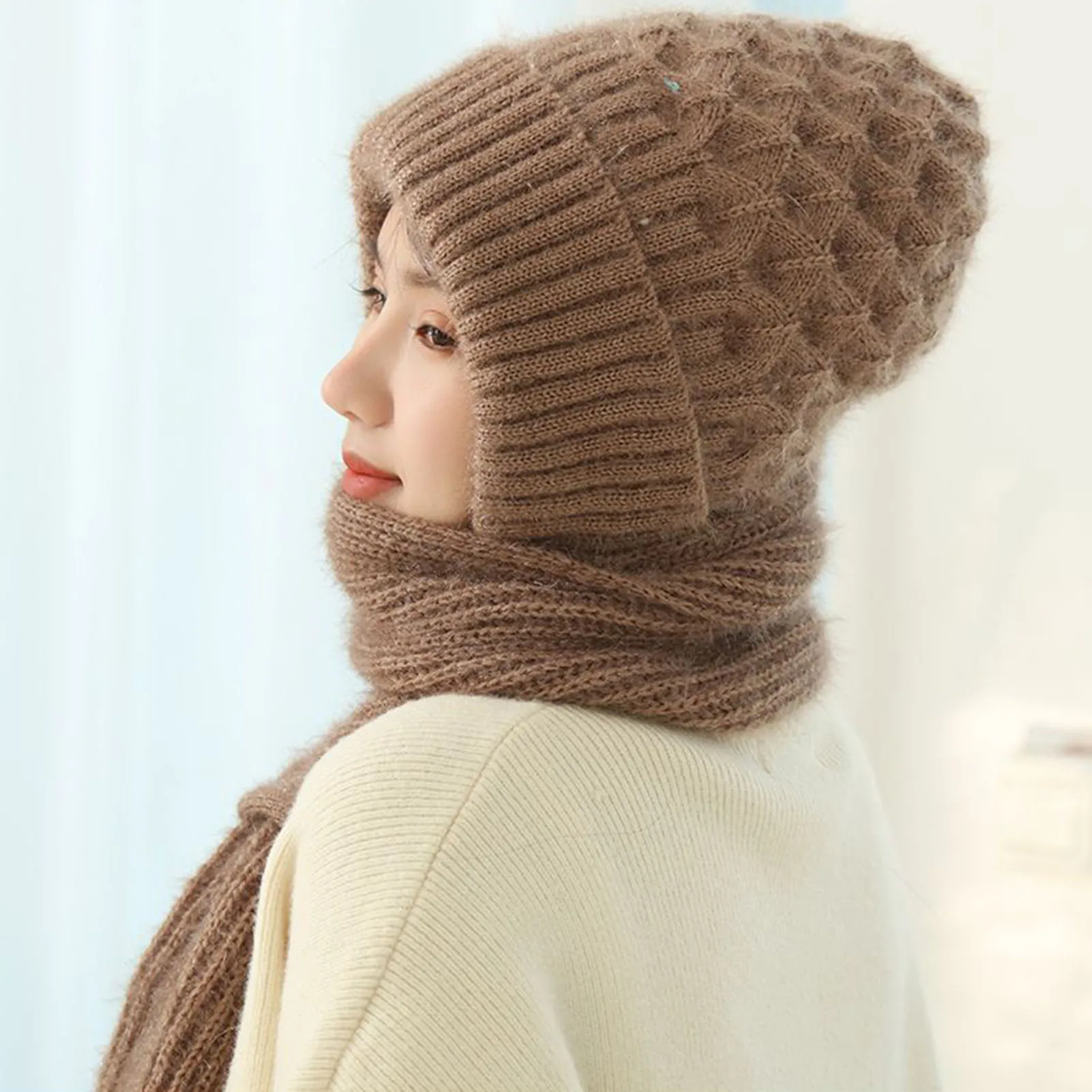 Knited Hooded Hat Scarf Integrated Ear  Windproof Cap Scarf for Daily Wear And Winter Outdoor Activities