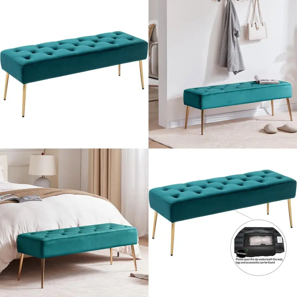 contemporary velvet upholstered bench, button-tufted footrest stool for bedroom, dining area with gold accents