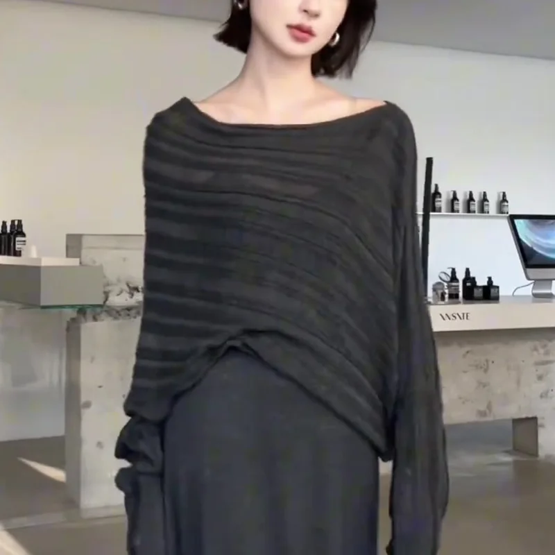 

Корейский трикотажный топ Gtuq для ранней осени, с круглым вырезом, средней длины, с длинными рукавами, женский, премиум-класса