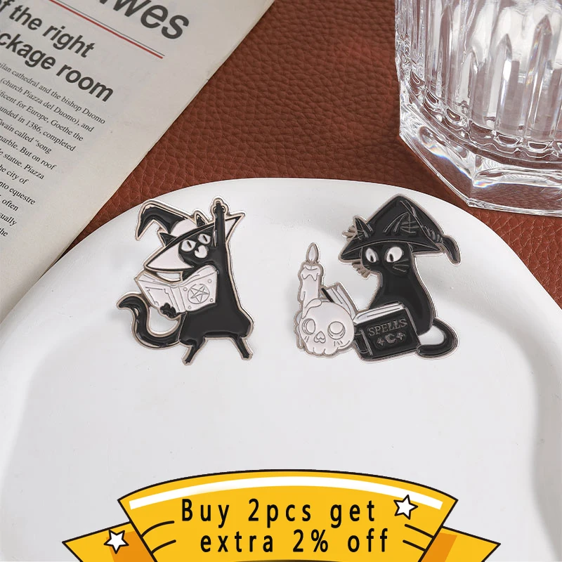 Gothic Witch Black Cat Enamel Pin, Cartoon Skull Candle Spell Book Cat Badge, Fashion Accessory, Gift for Cat and Witch Lovers