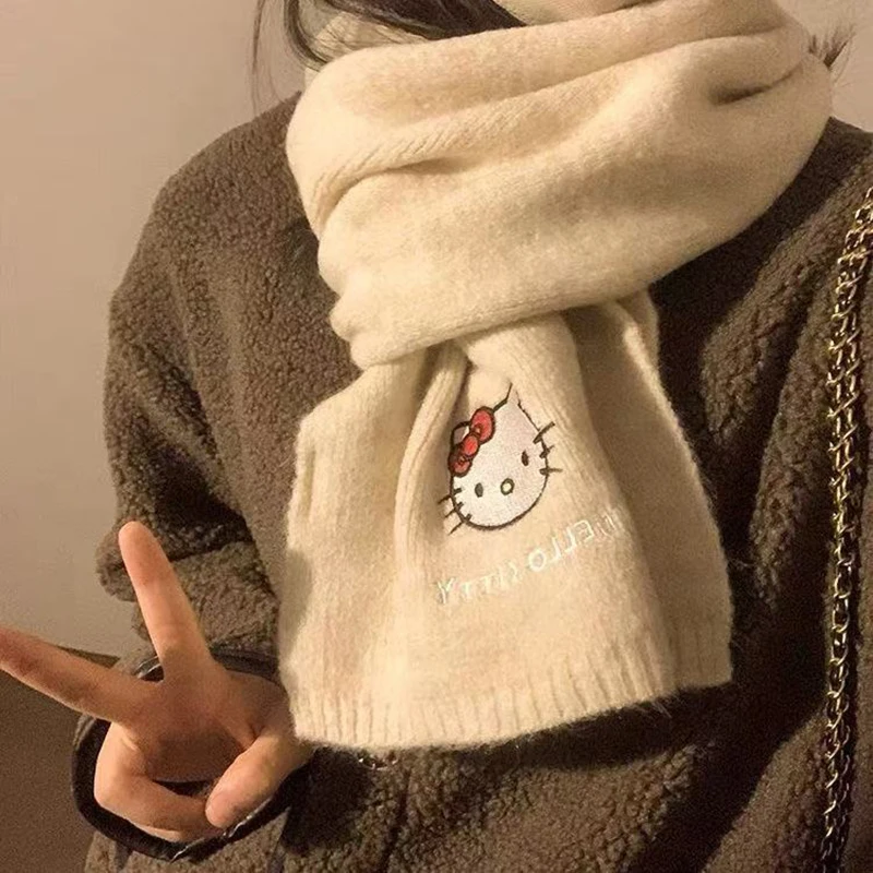 サンリオ ハローキティ ニットウールスカーフ 冬用 女性用 厚手 暖かい 日本製ウールスカーフ ウールスカーフ付き