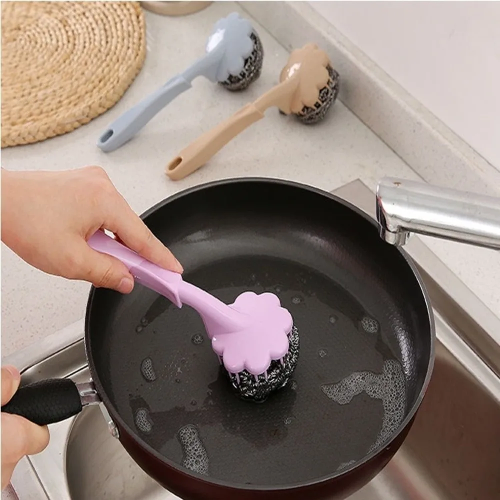 New Long Handle Cleaning Ball Non-stick Oil Oil Removal Steel Wire Ball Brush Multi-function Pot Washing Brush Kitchen Accessory