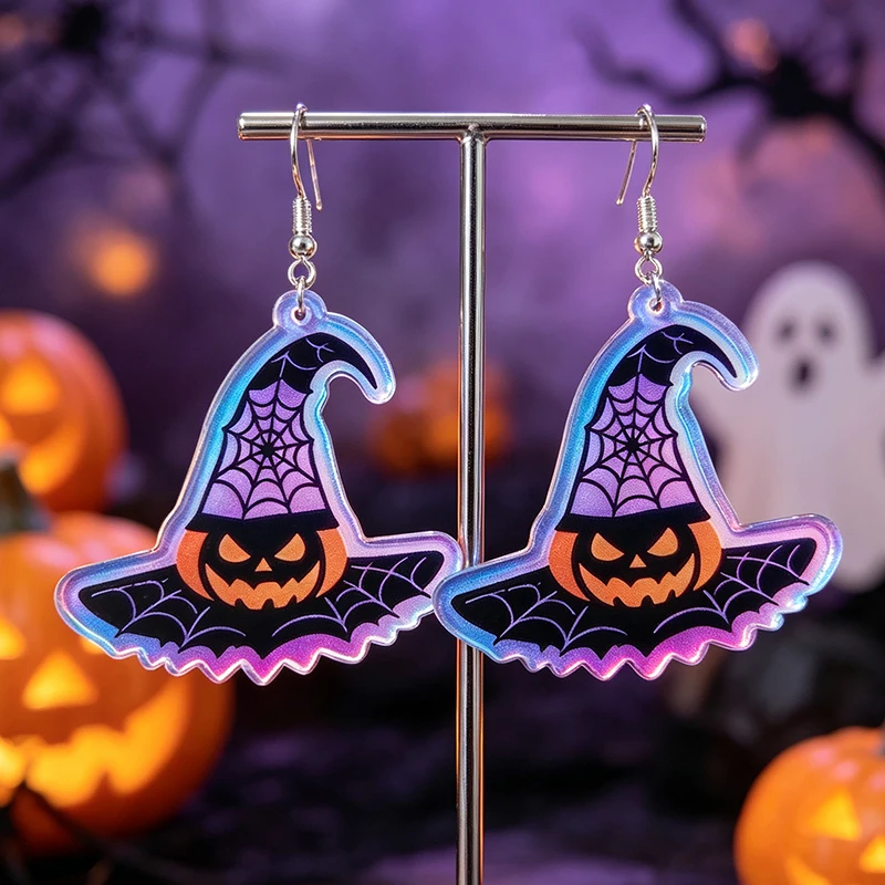 Halloween Witch Hat Pumpkin Earrings Spider Web Printed Rainbow Acrylic Stainless Steel Earhook Earrings Weird Holiday Jewelry