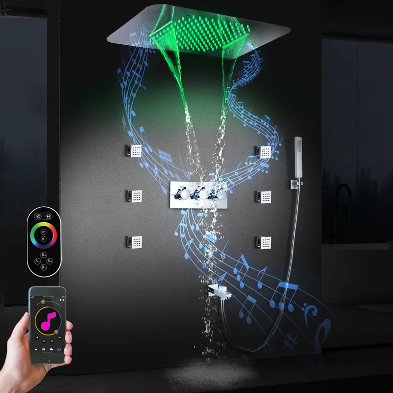 LED Concealed Music Shower Set Bathroom Wall Waterfall Rain LED