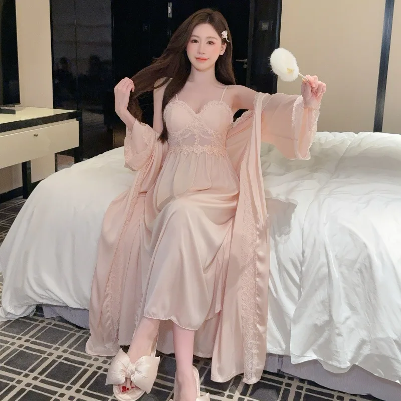 

2PCS Lace Robe Set Female Bathrobe Suspender Nightdress V-Neck Kimono Gown Suit Spring Summer Women Satin Sleepwear Home Clothes