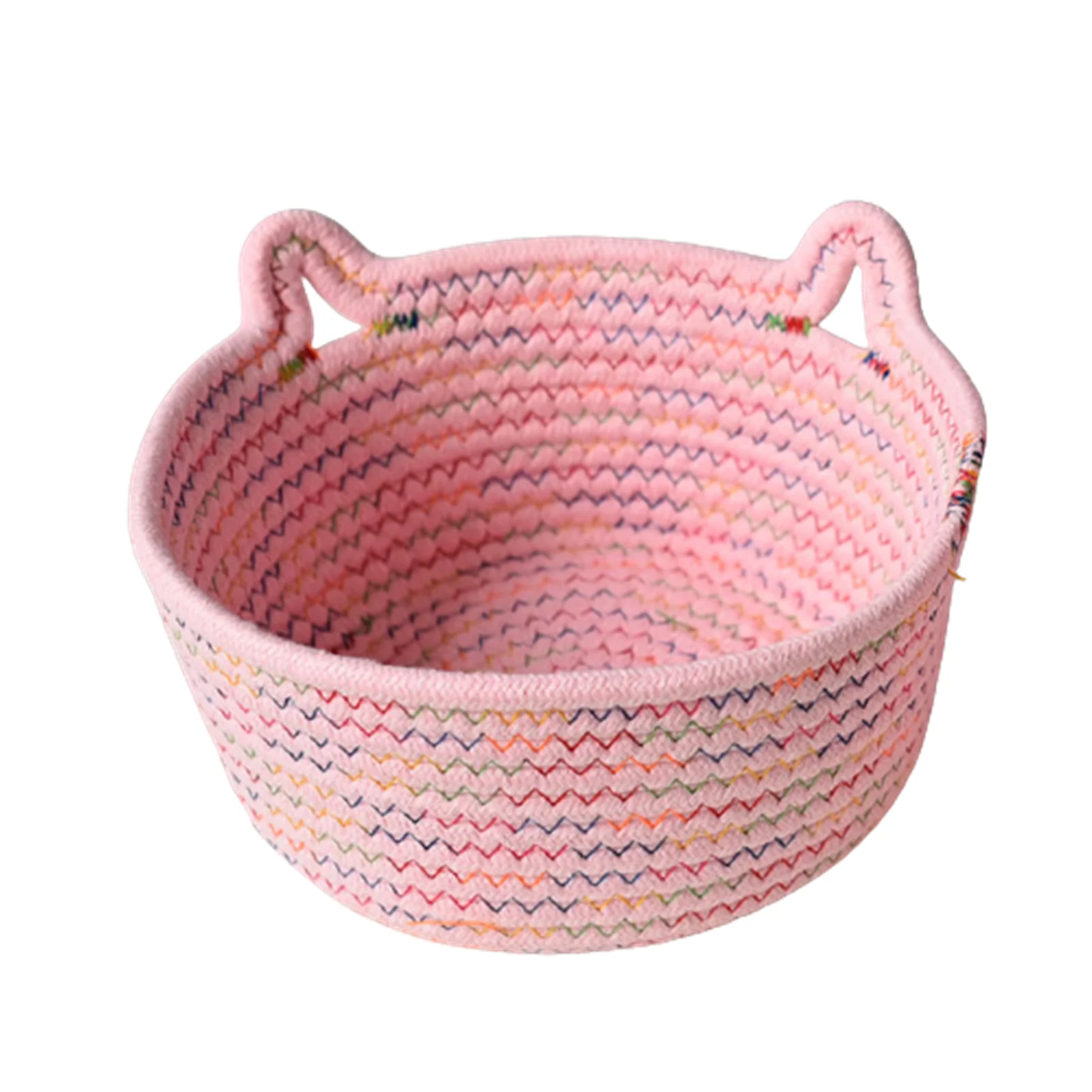 Cotton Rope Hand-woven Storage Basket With Cat Ear Shape Handles Lovely & Practical Home Supply Key Snacks Organizer