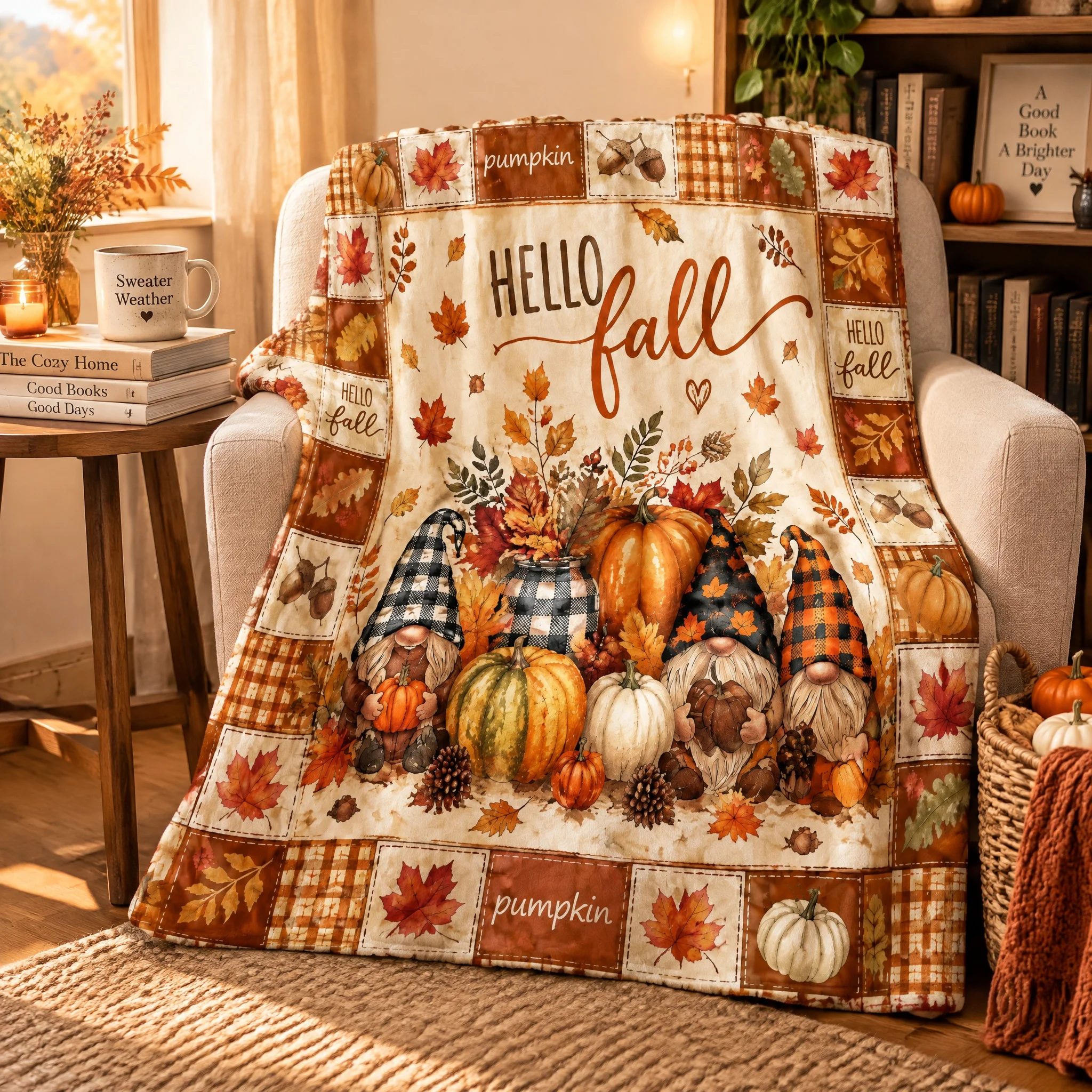 Fall Harvest Throw Blanket, Pumpkin Gnome Themed Seasonal Print Cover, Cozy Decor Blanket for Couch & Bedroom, All Season Leisure Wrap for Daily Relaxation