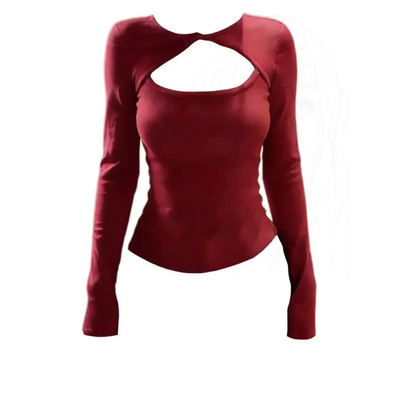 American Style Long Sleeve Fleece Lined Hollow out Red T-Shirt Women's Slim Fit Winter Top Breathable Comfortable Cotton Blend