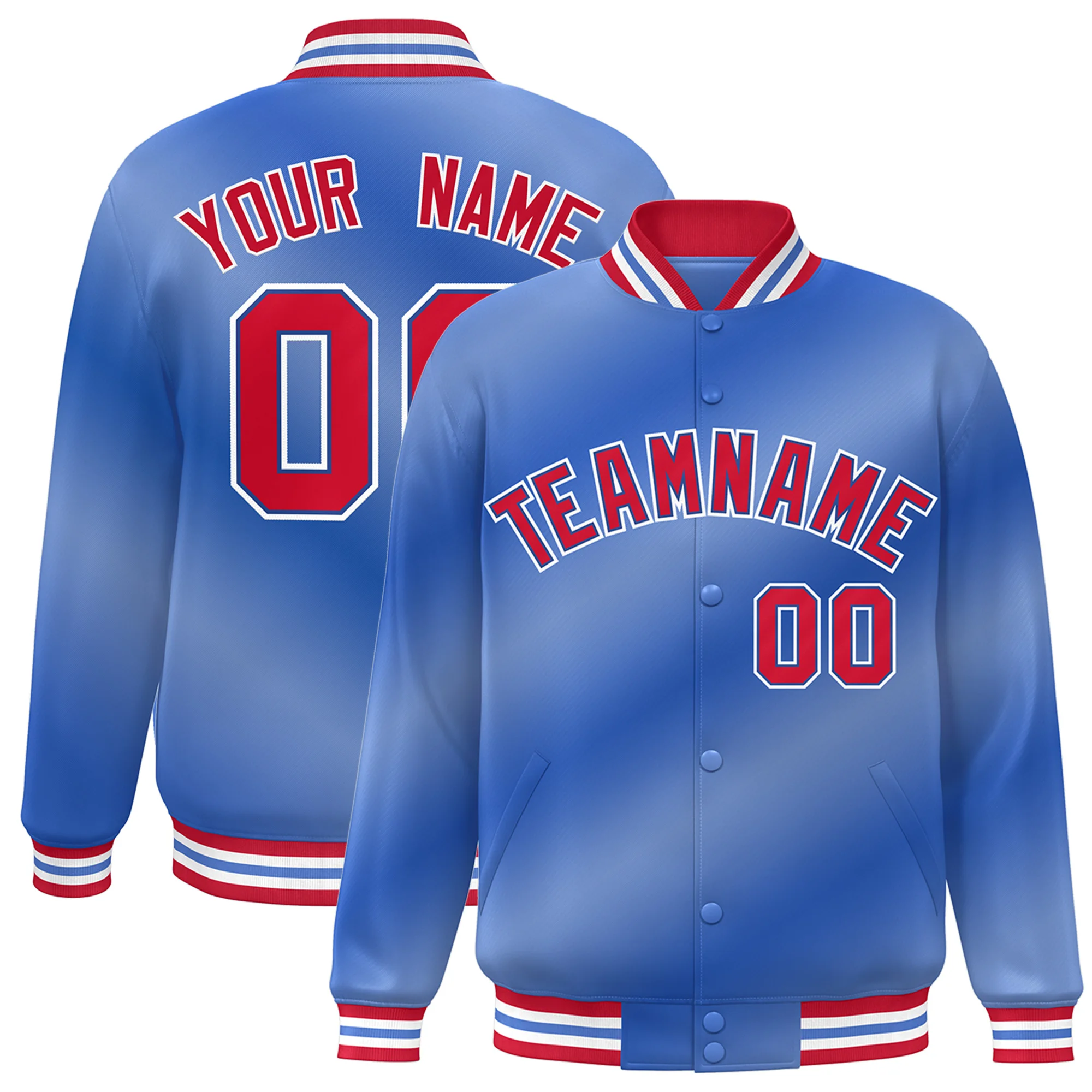 

Custom Baseball Jacket Full-Snap Gradient Jacket Personalized Name Number Logo Varsity Letterman Sports Coat