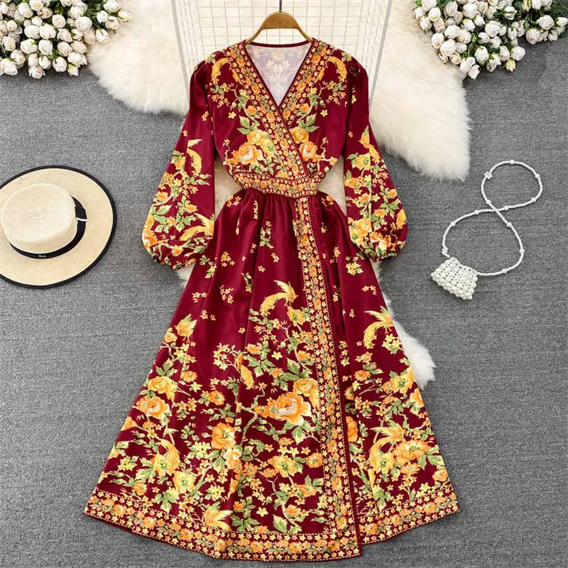 

Autumn Light Luxury Temperament Long Sleeve V-Neck Bandage Dress Print A-Line Elegant Fashion Women Cardigan Maxi Vestidos T732