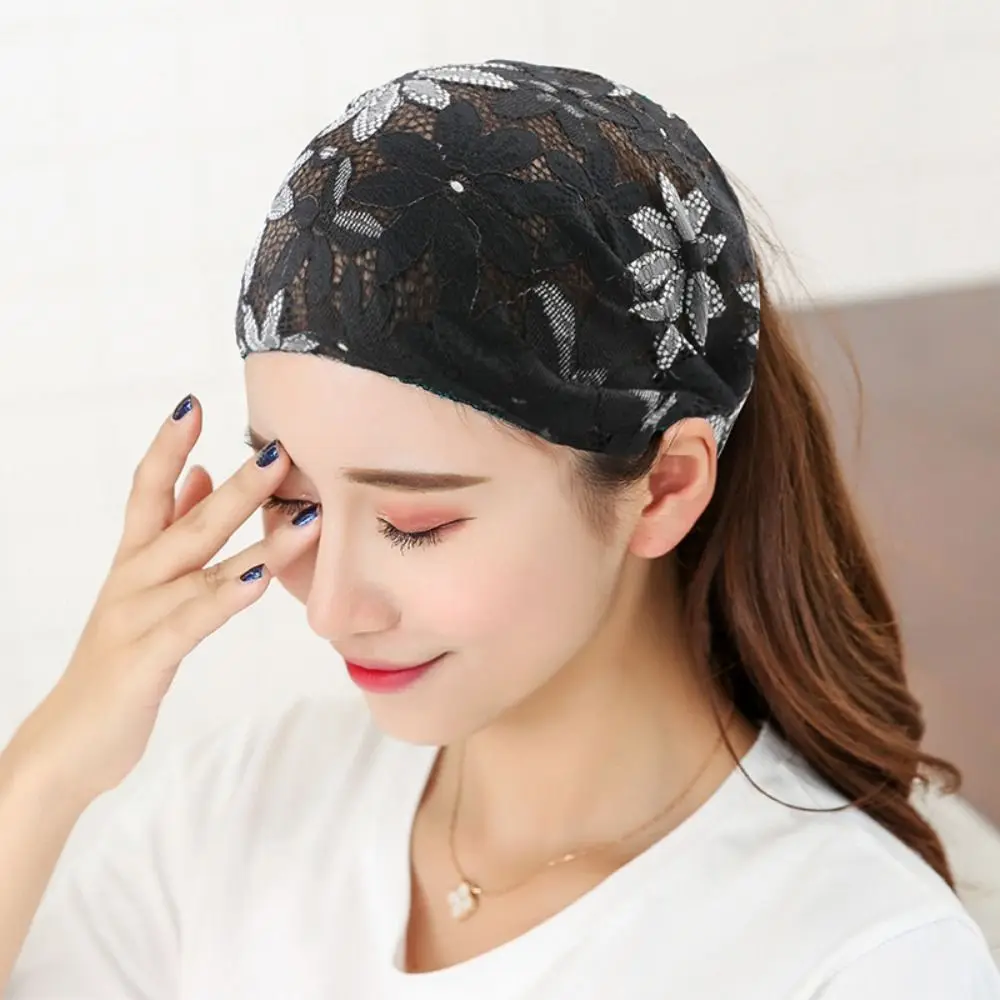 

Модная нескользящая сетчатая повязка на голову с цветком, полые легкие кружевные ленты для волос, аксессуары для волос, эластичная широкая боковая повязка на голову для мытья лица