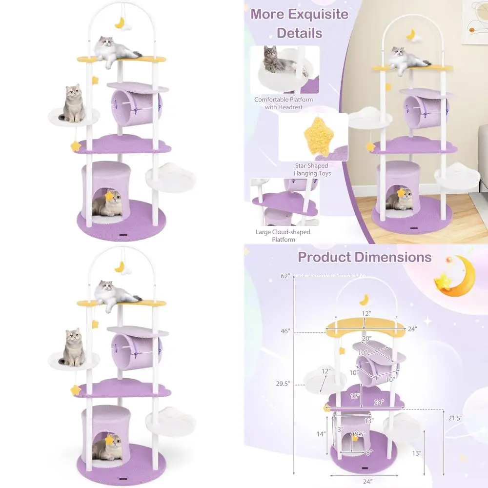 

62 Moon & Star-Inspired Multi-Level Cat Tower with Hanging Toys, Hammock, and Condo