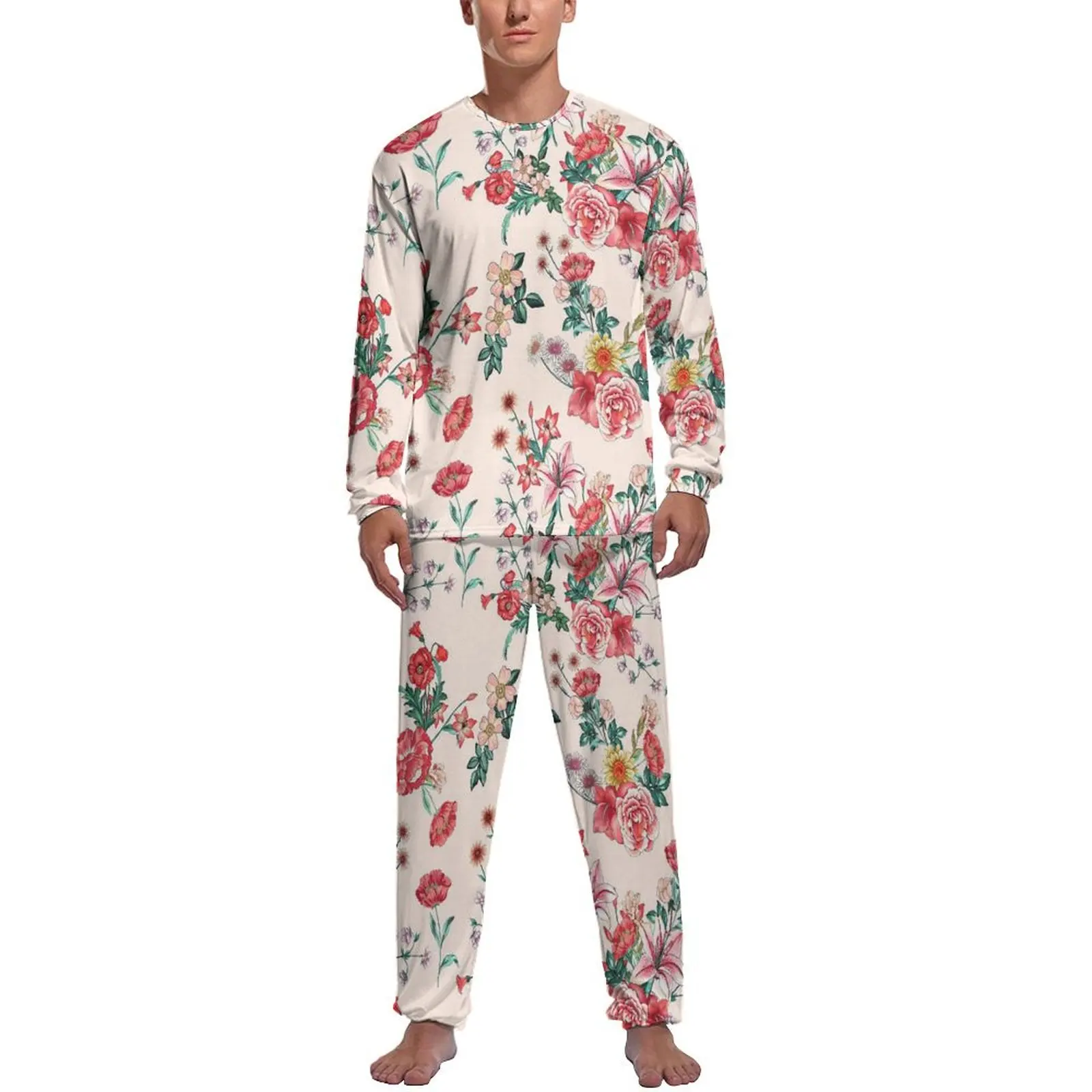 Vintage Flower Print Pajamas Daily 2 Pieces Red Floral Elegant Pajama Sets Male Long Sleeve Leisure Graphic Nightwear