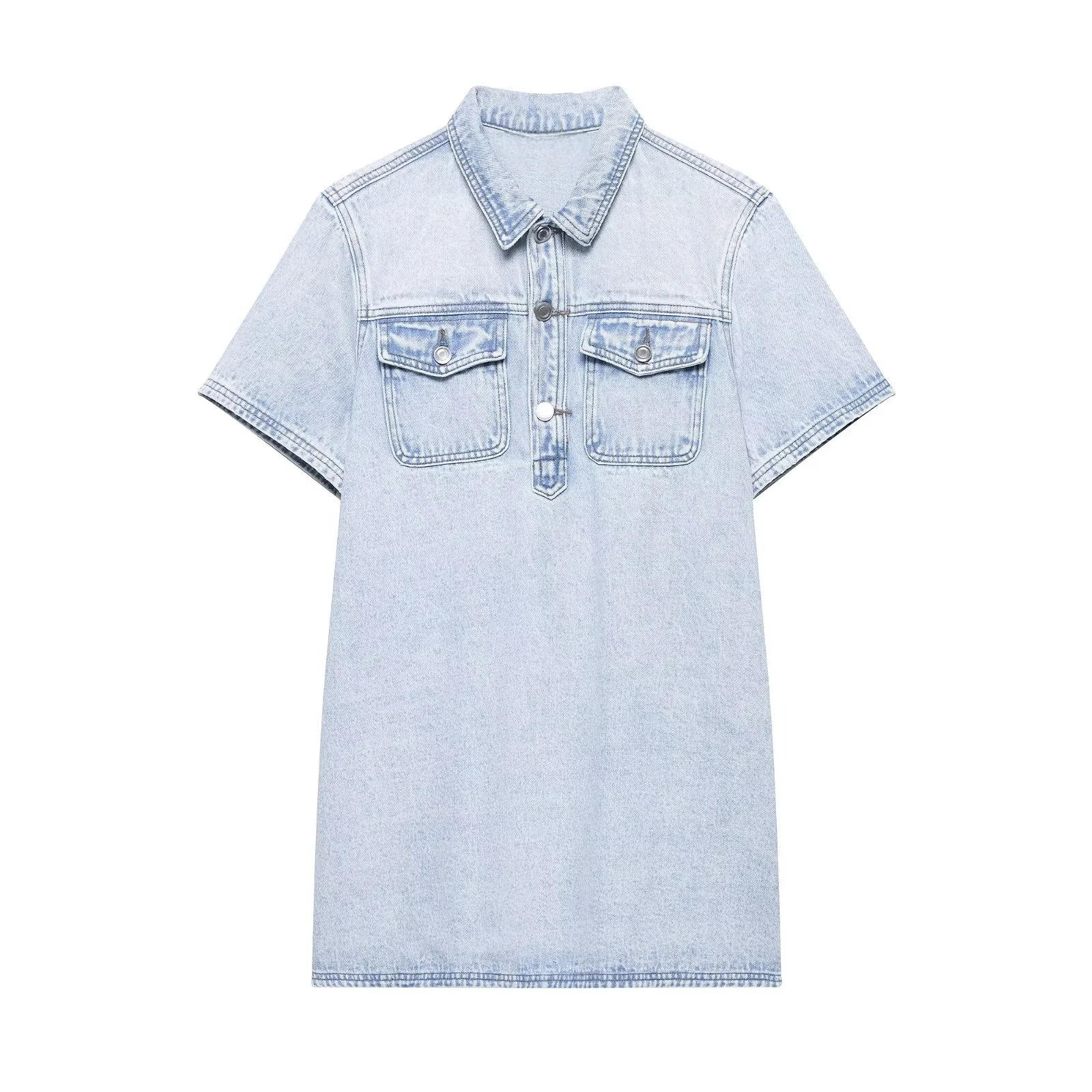 

BM&MD&ZA Women's Casual Loose Collared Short - sleeve Denim Mini Straight - cut Dress with Pocket Decoration