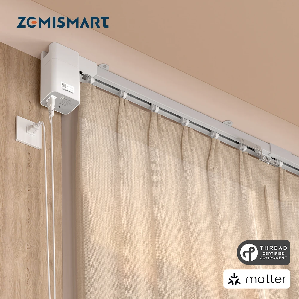 Moteur de rideau intelligent Zemismart Matter over Thread avec rail raccordable, compatible avec HomeKit, SmartThings, Google Home, Alexa HA