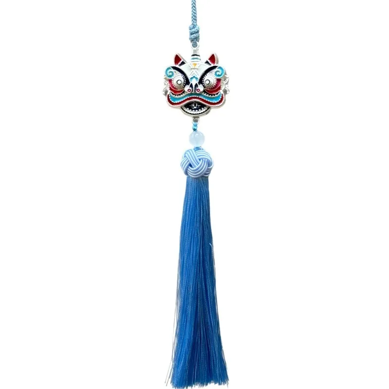 

Chinese Lion Dance Head Rearview Mirror Pendant Blue Tassel Ethnic Jewelry Traditional Cultural Amulet Gift for Women Accessory