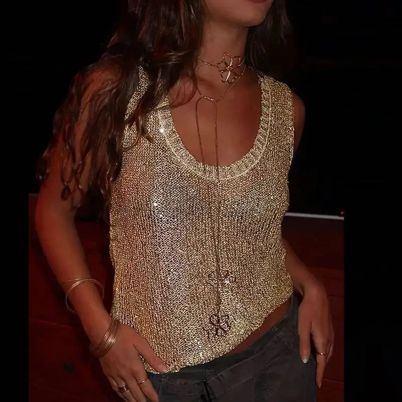 Women Sexy U Neck Sequin Party Shirt Spring Solid See Through Hollow Top Pullover Summer Sleeveless Loose Tank T Shirt