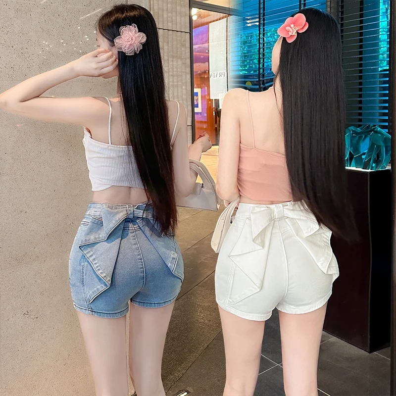Sexy 3D  Knot Plump Short Jeans High Waist Tight Fit Hot Pants Summer New Sweet Pure Desire Cotton Stretch Denim