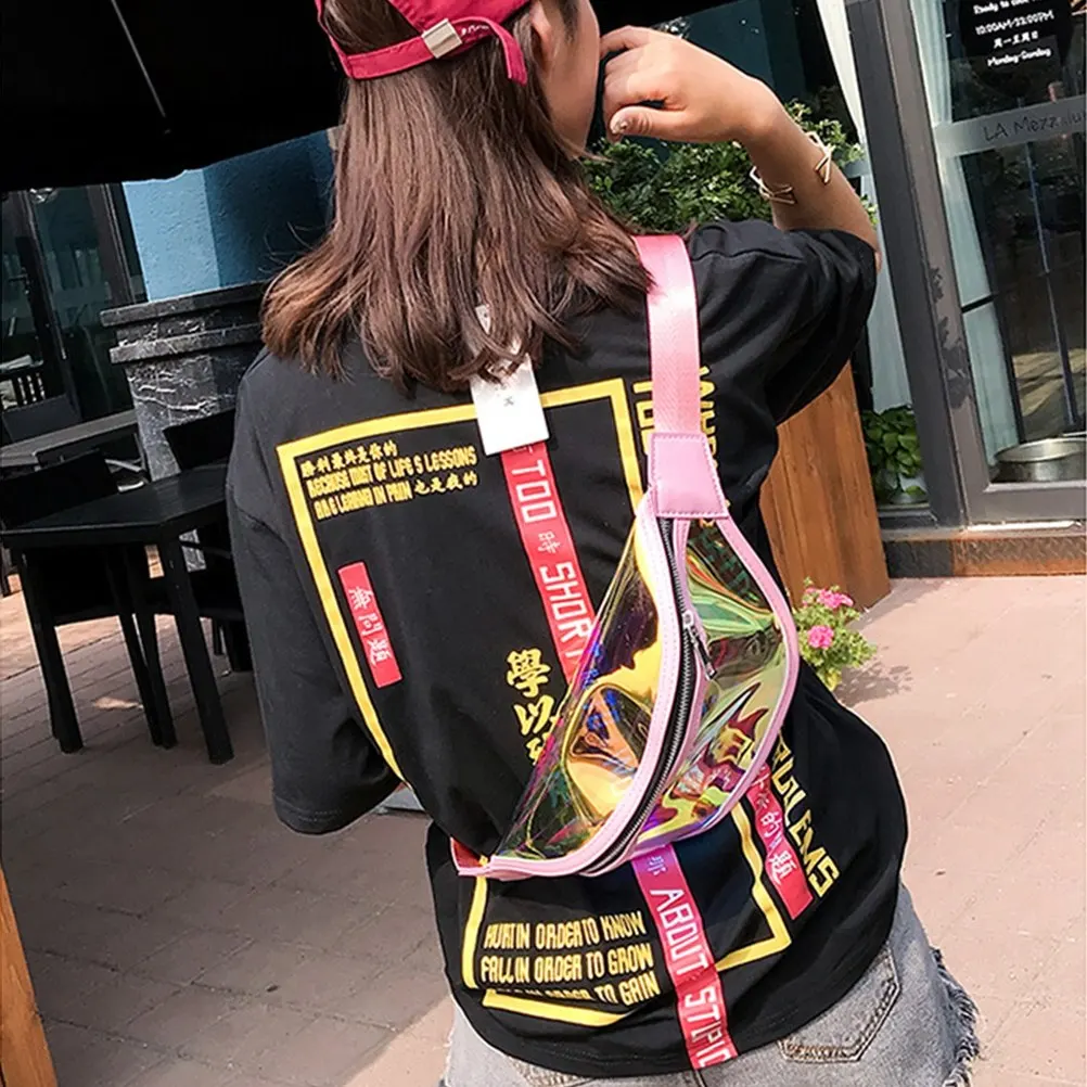 

Women Shiny Laser Waist Bag Pink Fashion Reflective Chest Bag Adjustable Belt for Running Hiking Travel Sports Waist Pack