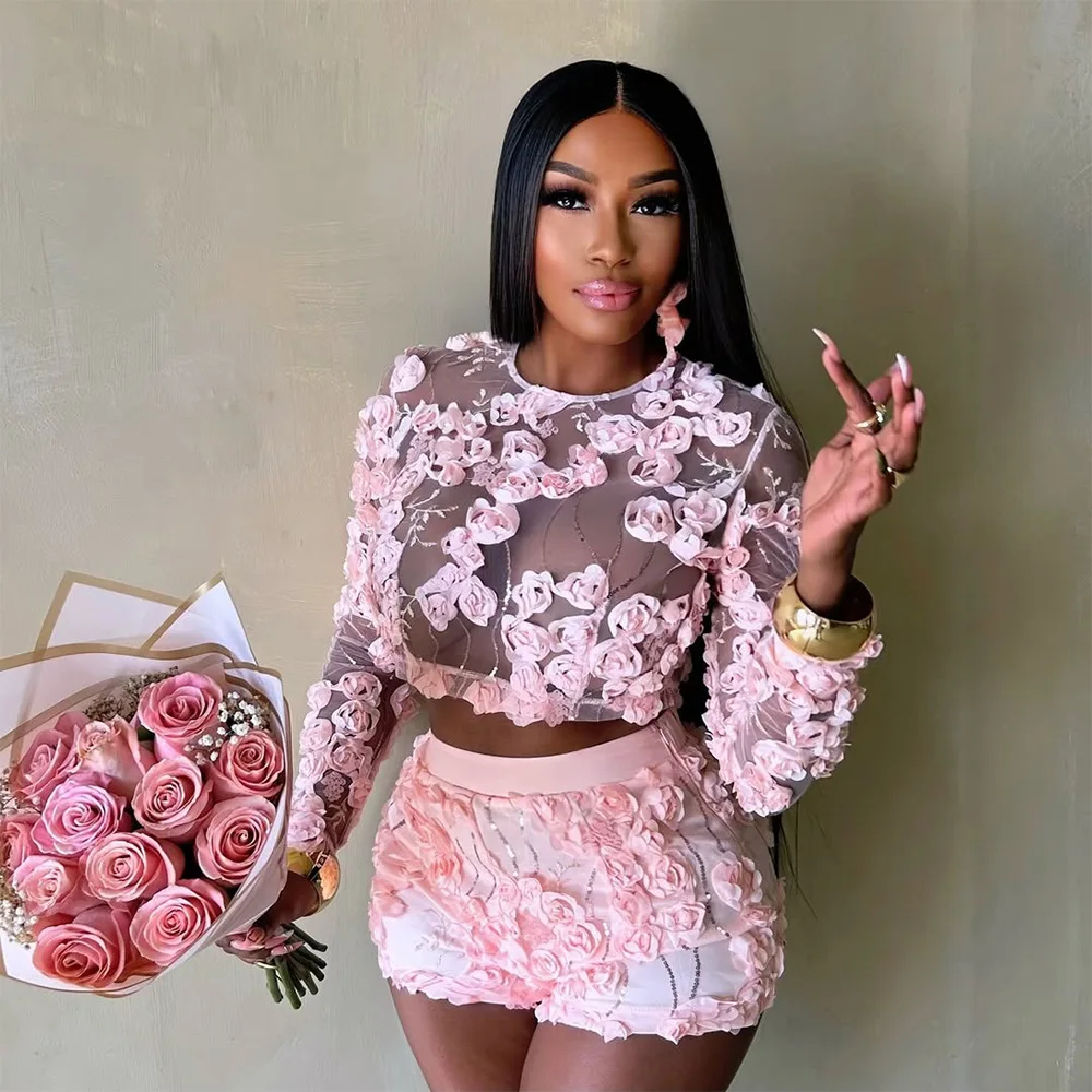 

Sexy 3D Floral Pink Two Pieces Set Summer Mesh Long Sleeve Crop Top Shorts Femele Outfits Luxury Night Club Elegant Clothes 2025