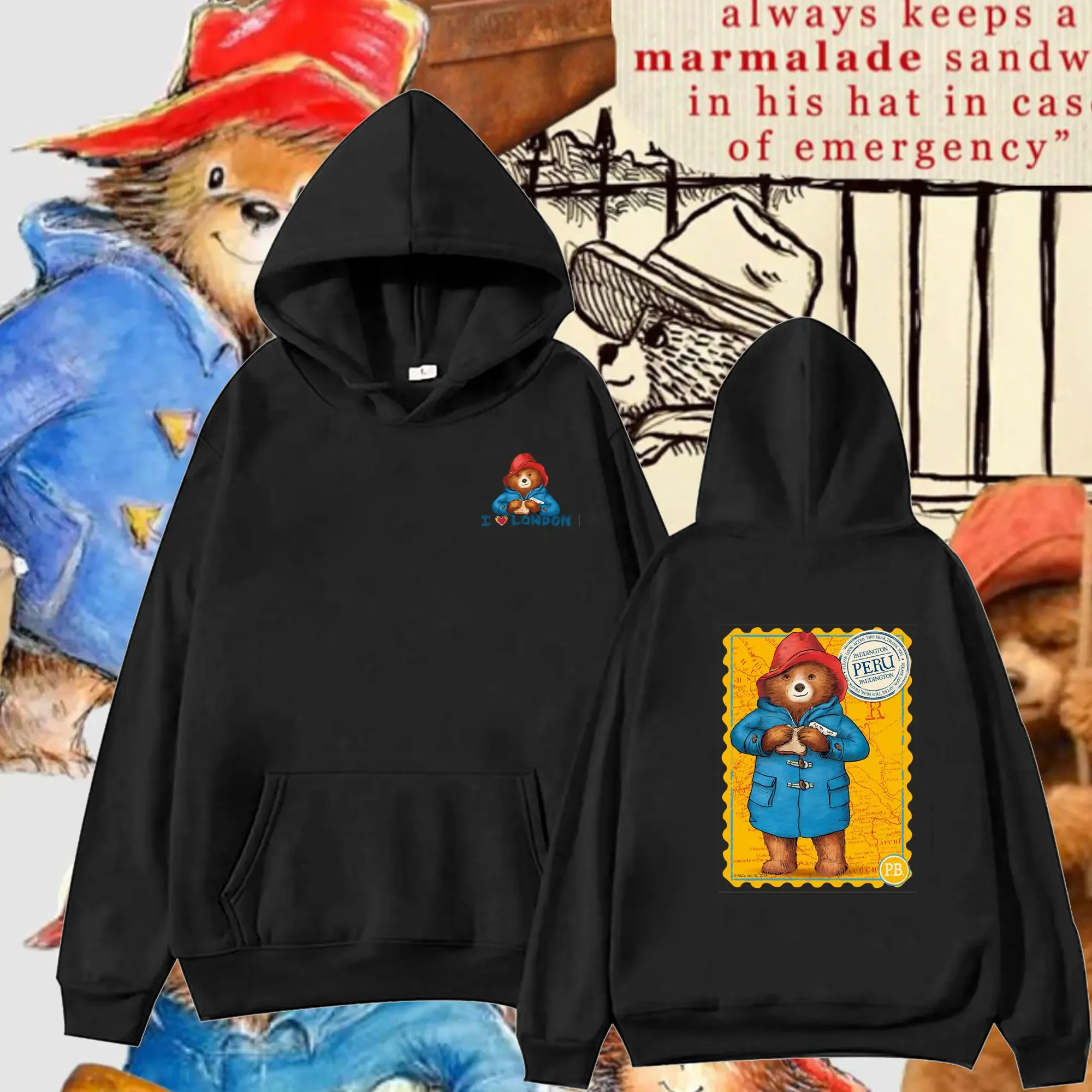 Funny Unisex Hoodie: Paddington Bear in London Cartoon Double-sided Printing 2025 Drop Shoulder Sweatshirt for Men Women Hoodies