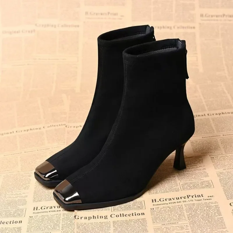 

2026 Autumn and Winter New Brown Slim Heeled and Plush Short Boots French Ankle Boots with Back Zipper Square Toe Boots