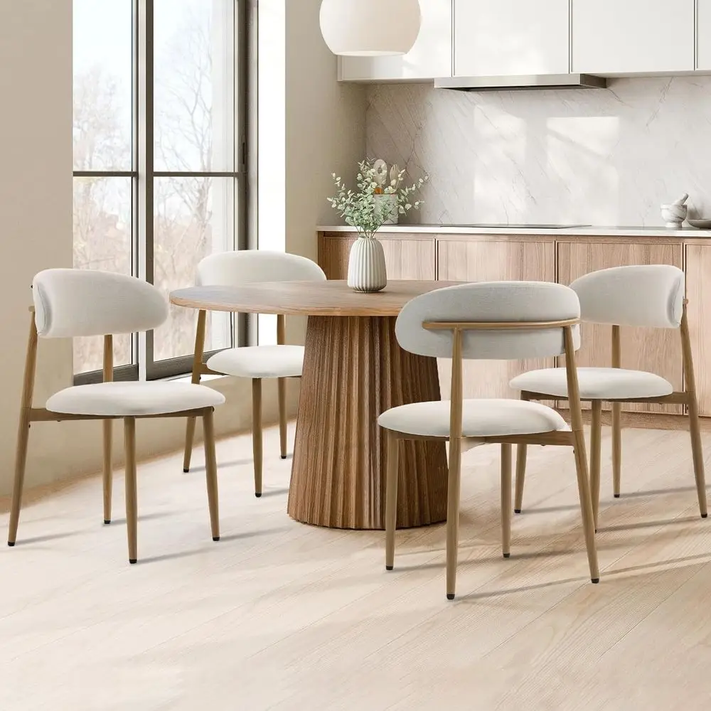 

Set of 4 Metal Dining Chairs with Beige Fabric Upholstery for Kitchen or Dining Room