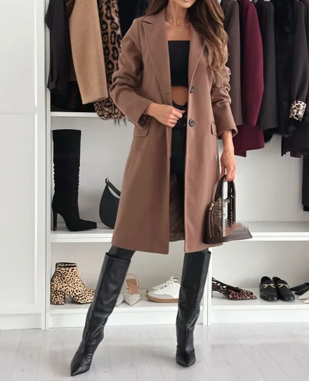 

Fashionable Autumn New Woolen Coat Casual Simple Long Sleeved Solid Color Single Breasted Woolen Coat for Women