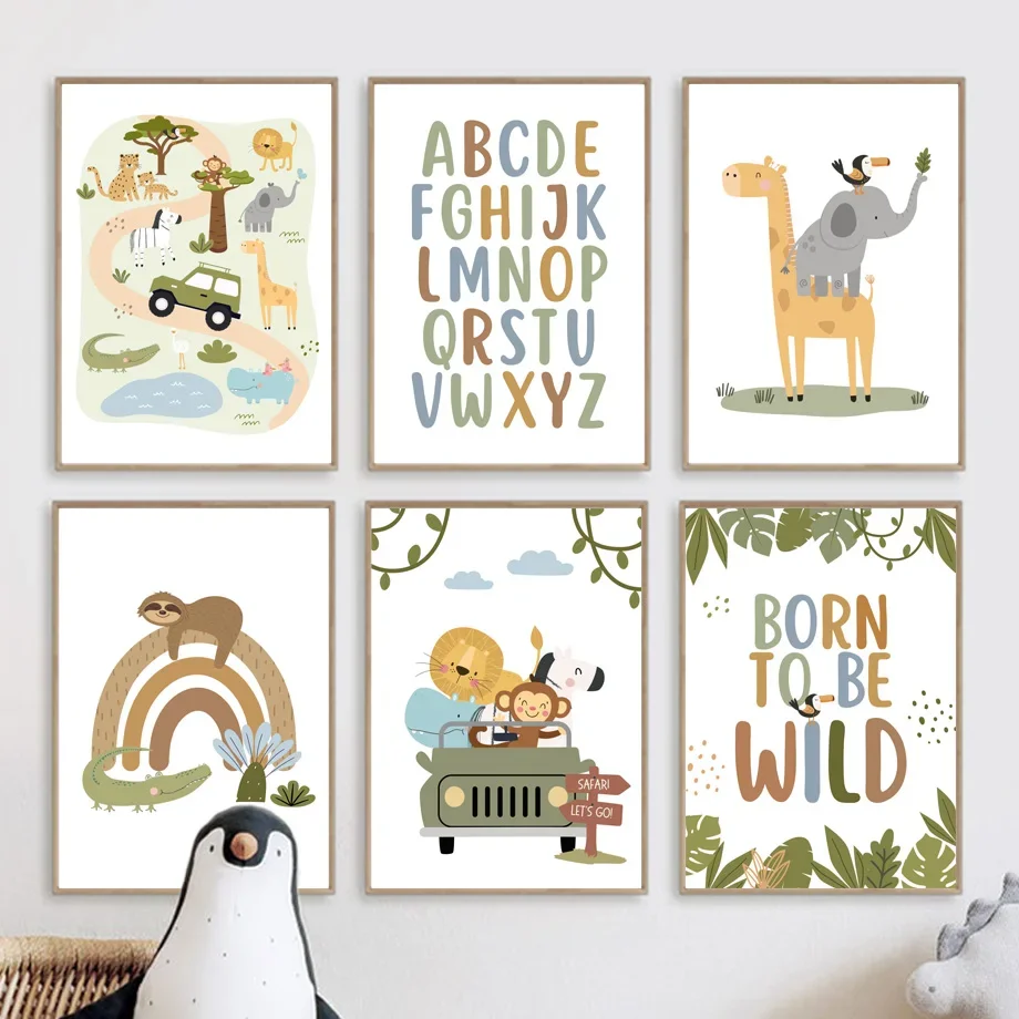 

Cartoon Elephant Giraffe Educational Jungle Animals Rainbow Nursery Posters Canvas Print Painting Picture Modern Kids Room Decor