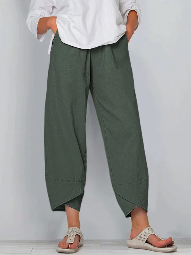 Calça de perna larga de linho de algodão feminina, emenda elástica solta, moda casual, verão, nove minutos