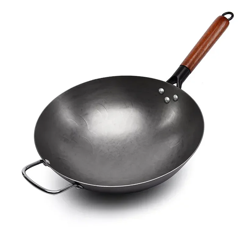 Wok Burner Traditional Authentic Hand Hammered Carbon Steel Round Bottom Stir Fry Pans Birch Handle Wok Pan