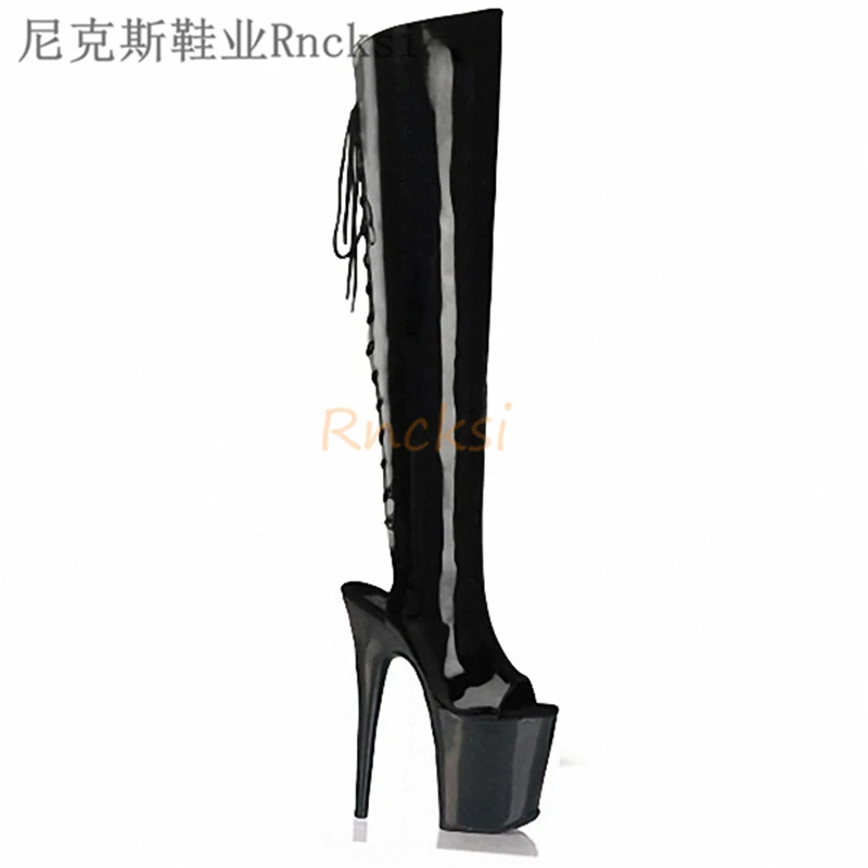 

Knee-crossing Boots Heel Heightened Slim Boots Platform Lacquer Skin Fish Mouth Slim 20cm Super High Heel Autumn Waterproof PU