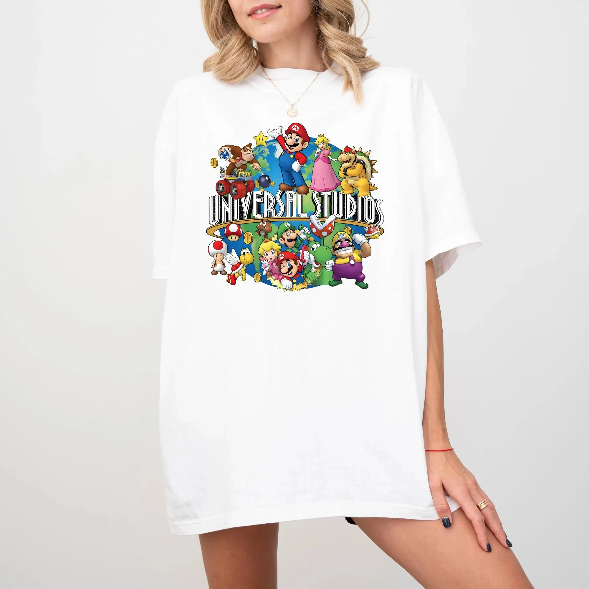 Mario Universal Studios Character Collage T Shirt Cartoon Game Graphic Unisex Ivory Short Sleeve Theme Park Casual Tee