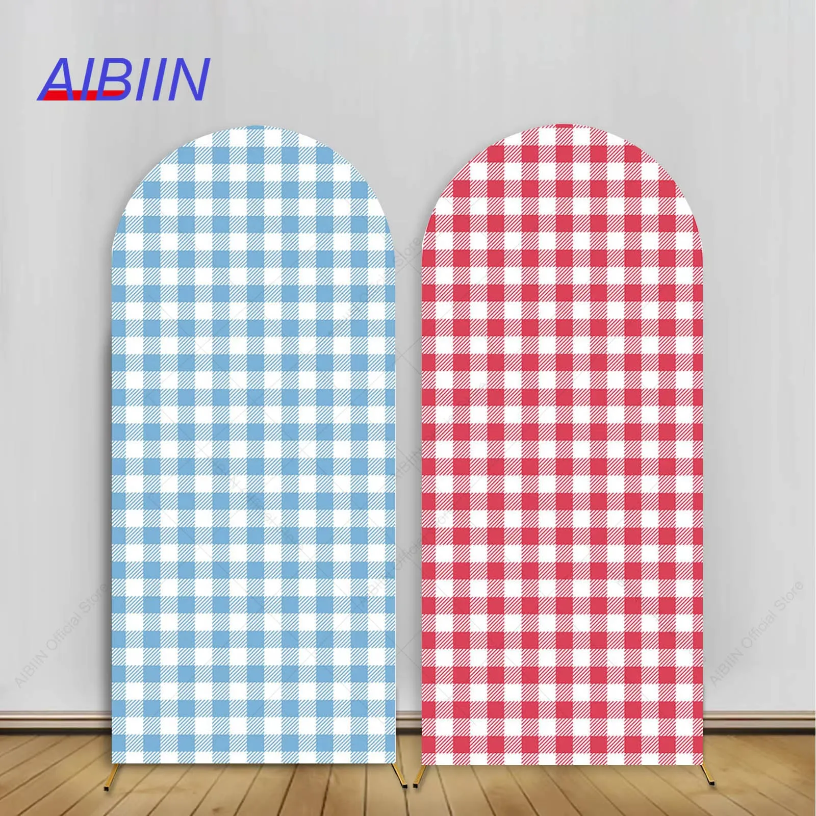 AIBIIN Blue/Pink Grid Arch Backdrop Cover Diagonal Stripe Square Check Gender Reveal Party Decor Baby Shower Birthday Background